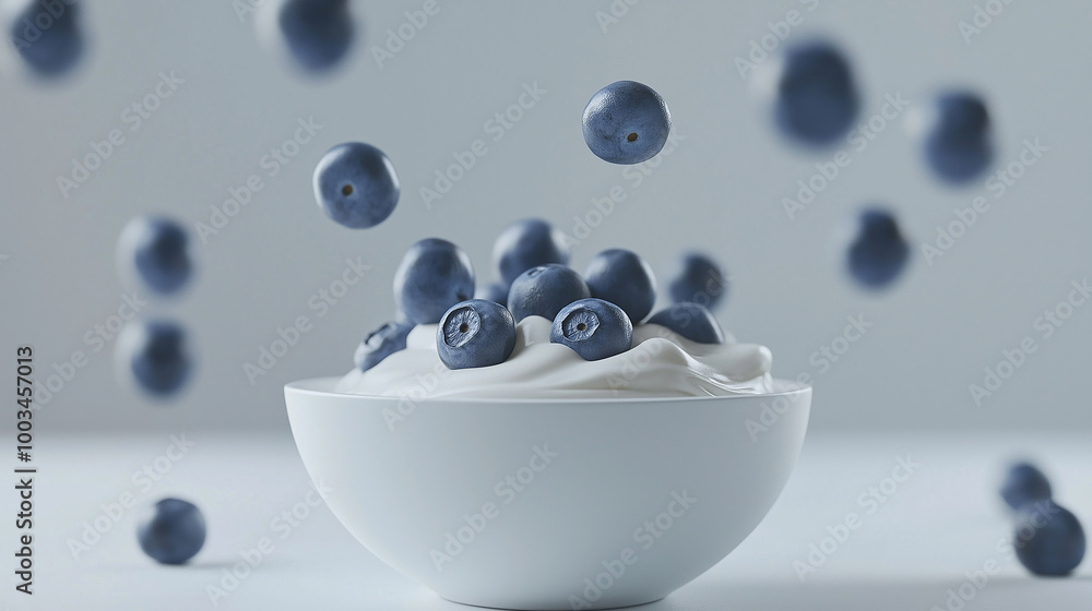 Poster blueberries falling into bowl of yogurt on white background