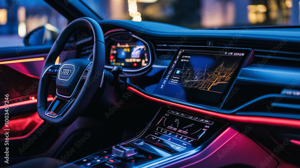 Poster modern car interior showing illuminated dashboard and gps navigation system