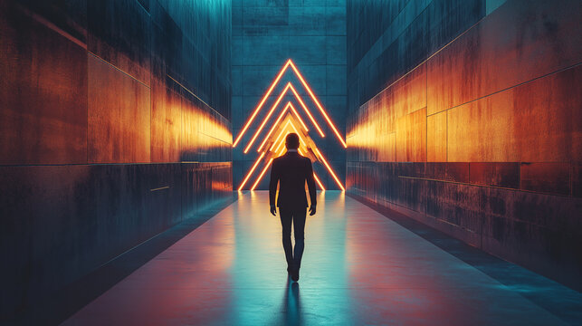 Businessman walking towards glowing neon triangles at end of tunnel