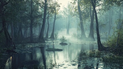 A Foggy Forest Creek With Sunlight Filtering Through the Trees