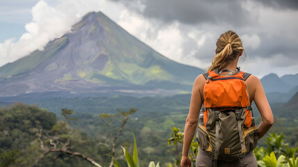 Back of a female on the peak of a mountain 