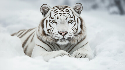 Fototapeta premium White bengal tiger lying down on snow