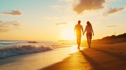 Fototapeta premium A couple holding hands as they walk along the beach at sunset, creating a romantic and serene atmosphere.