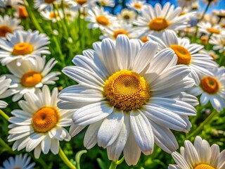 Fototapeta premium A stunning close-up of vibrant white daisies with bright yellow centers blossoms in a sunlit garden, showcasing