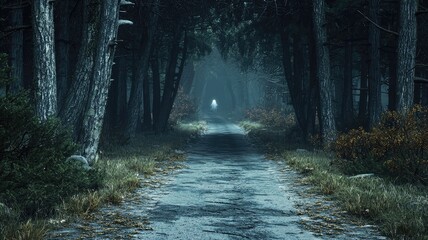 Ethereal Figure Walking Through a Foggy Forest Path