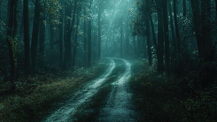 Fototapeta premium A winding path through a dense, misty forest