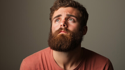 Obraz premium Young bearded man looking up with hopeful expression