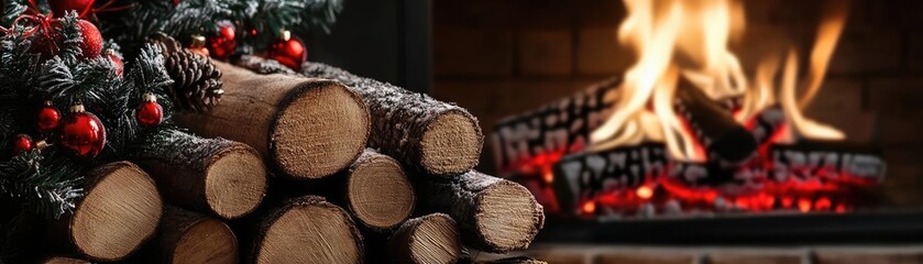 Cozy fireplace with burning logs, decorated with Christmas ornaments, perfect for holiday warmth and seasonal ambiance.
