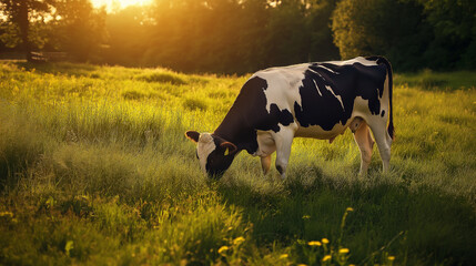 Black and white cow grazing in field at sunset