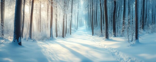 A serene winter landscape featuring snow-covered trees and a peaceful pathway illuminated by soft sunlight.