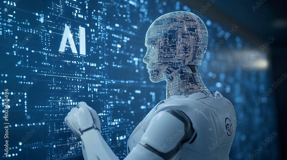 Poster Robot working with artificial intelligence data algorithm