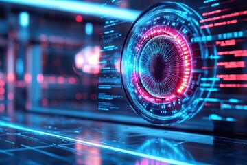 Obraz premium Eye infection cure technology, neon holographic interface, sleek medical setting, advanced data display