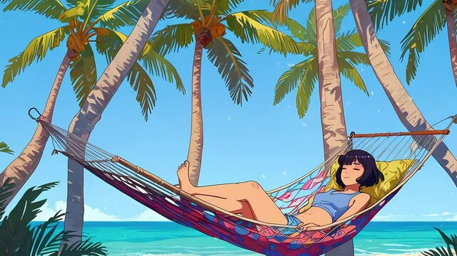 A lofi girl relaxes in a colorful hammock surrounded by palm trees, enjoying a sunny day on a tropical beach seamless loop animation created with generative ai