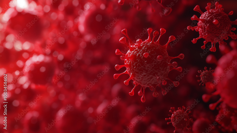 Poster microscopic view of coronavirus covid 19 cells floating in a bloodstream