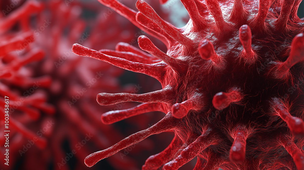 Poster microscopic view of coronavirus showing spikes attached to surface proteins