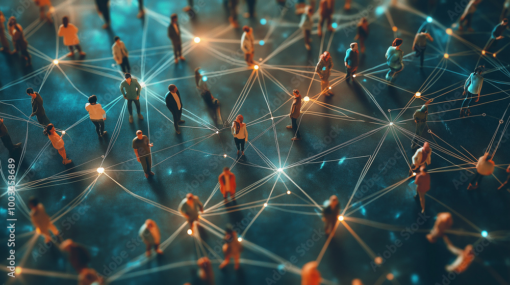 Poster people connecting with each other forming a network over blue background