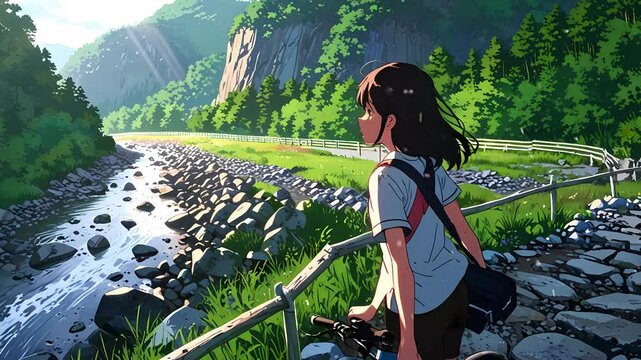 A lofi girl stands by a tranquil river, her bicycle beside her, admiring the lush mountains bathed in warm sunlight during a peaceful afternoon seamless loop animation created with generative ai
