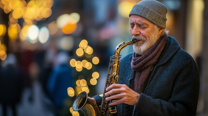 Senior street musician playing saxophone in front of christmas lights