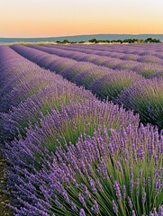 Naklejka premium Rows of lavender flowers in a field at sunset.