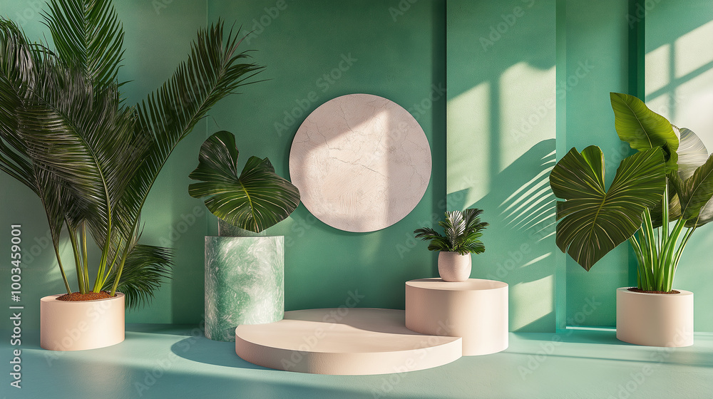 Poster empty minimal room with sunlight casting geometric shadows and plants