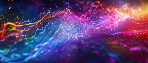 Vibrant Abstract Silicon Pathways, an energetic digital artwork showcasing pulsating electronic signals in rainbow hues, set against a cosmic dark backdrop, evokes a sense of dynamic technology.