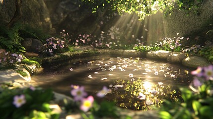 Fototapeta premium Sunlight beams down on a small pond surrounded by green plants and purple flowers.