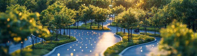 Fototapeta premium City park with trees, solar lighting, and bike paths, Eco-friendly urban park, sustainable public space