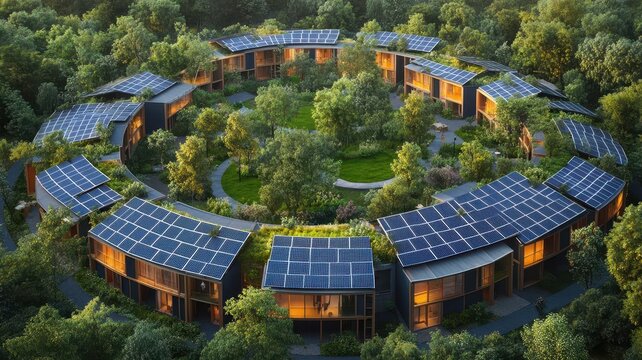 Circular eco-village with shared green spaces and community solar panels, Sustainable community design, low-impact residential living