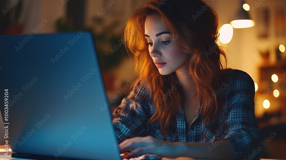 Sticker Young Woman Working Late on Laptop in Cozy Environment