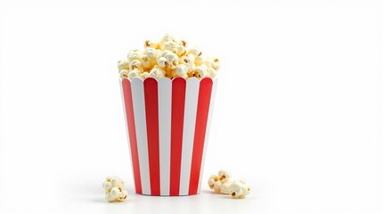Red and white striped popcorn bag overflowing with popcorn