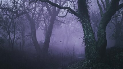 Fototapeta premium A Foggy and Eerie Forest Path with Bare Tree Branches