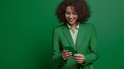 Smiling businesswoman using smartphone on green background