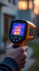 Thermal imaging device showing heat loss on modern house during daytime