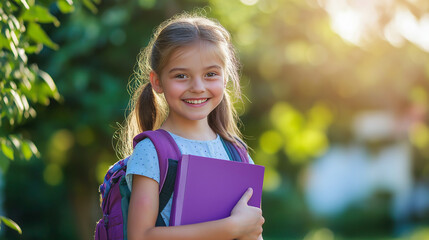 Fototapeta premium School girl smiling holding book and wearing backpack outdoors