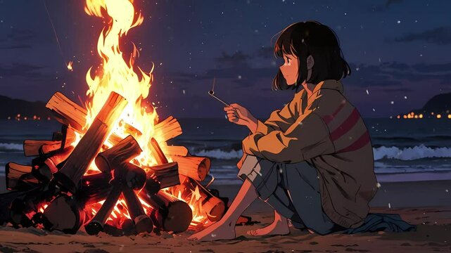 A lofi girl sitting by a vibrant campfire on the beach at night, reflecting on life under a starlit sky seamless loop animation created with generative ai
