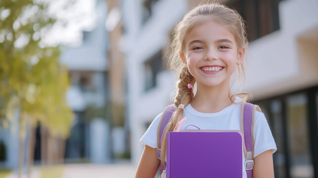 Happy schoolgirl smiling holding book and wearing backpack outside school building
