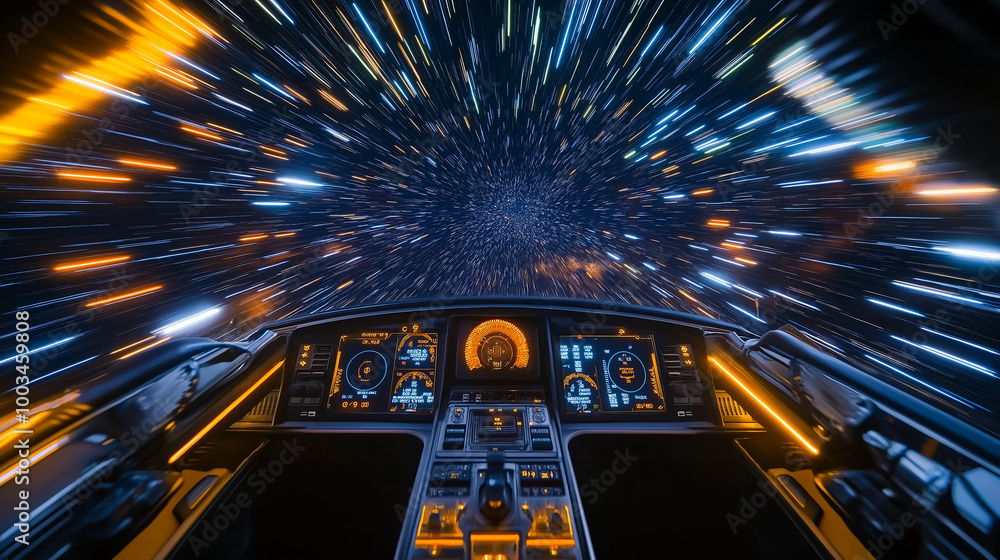 Poster spaceship interior flying at the speed of light in outer space