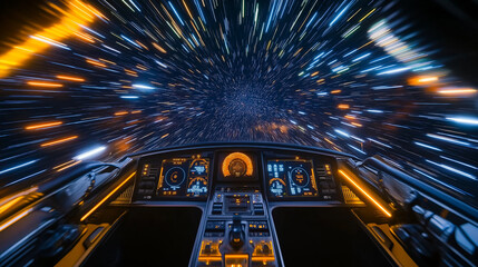 Spaceship interior flying at the speed of light in outer space