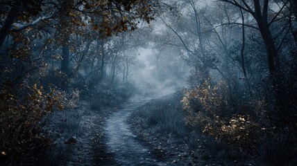 Obraz premium A Foggy Path Through a Mysterious Forest