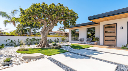 A modern minimalist front yard with a small garden