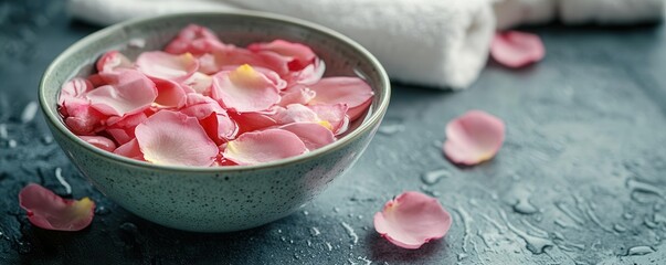 Rose water bowl with fresh rose petals and a soft hand towel, Rose water hand soak, nourishing beauty ritual