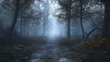 A Path Through a Foggy, Autumnal Forest