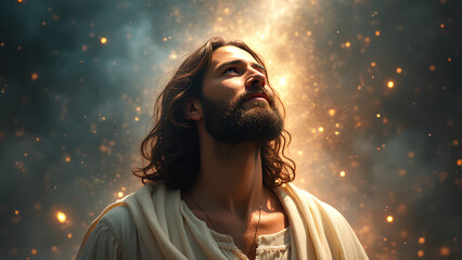 majestic portrait of jesus with compassionate expression ethereal light emanating from within set against cosmic background
