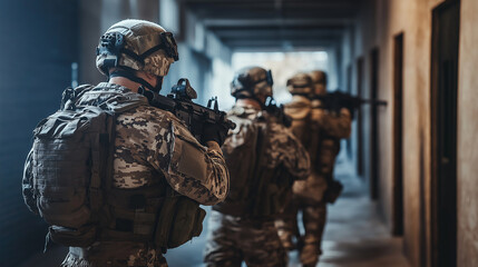 Obraz premium Group of armed soldiers patrolling building corridor
