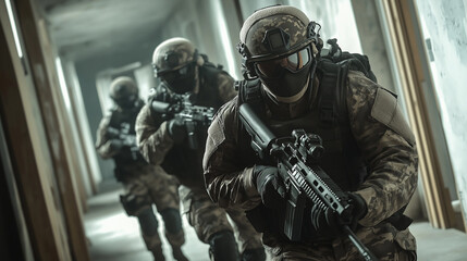 Group of soldiers in camouflage uniforms are walking down a hallway