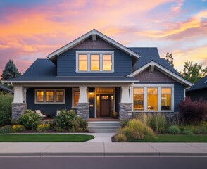 A beautiful blue house with a large front yard and a porch. The windows are lit up and the sky is a vibrant orange and pink.