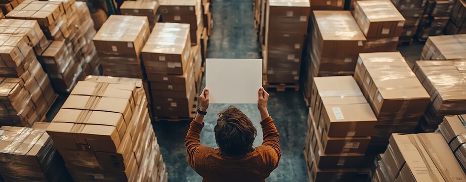 A person holding up an empty white page in front of boxes stacked on top of each other, in a warehouse setting