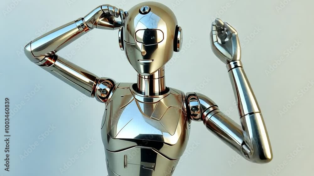 Poster shiny robotic figure poses thoughtfully against a plain background generative ai