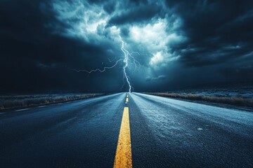 Dramatic Stormy Road with Lightning in Dark Sky