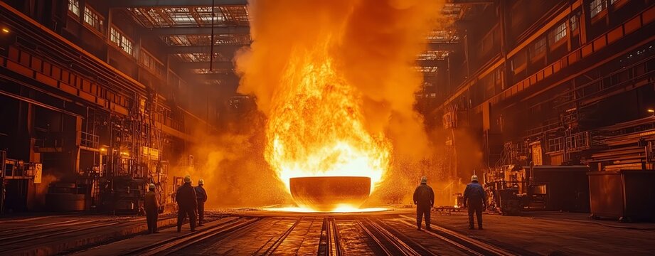 Dramatic photograph of workers in a heavy industry factory pouring molten metal from towering furnaces